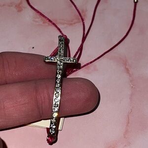Silver Crystal Cross Pendant Necklace with Pink Cord